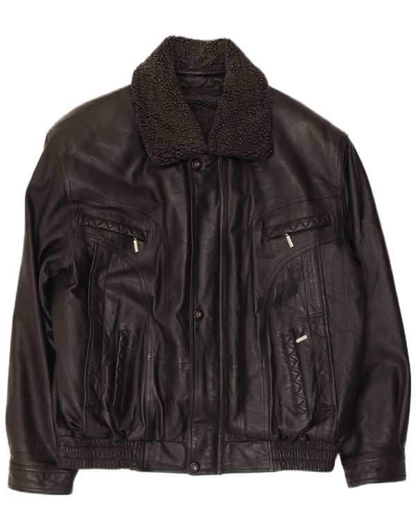 Vintage Herren-Bomberjacke aus Kunstleder, UK 40, großes schwarzes Polyester