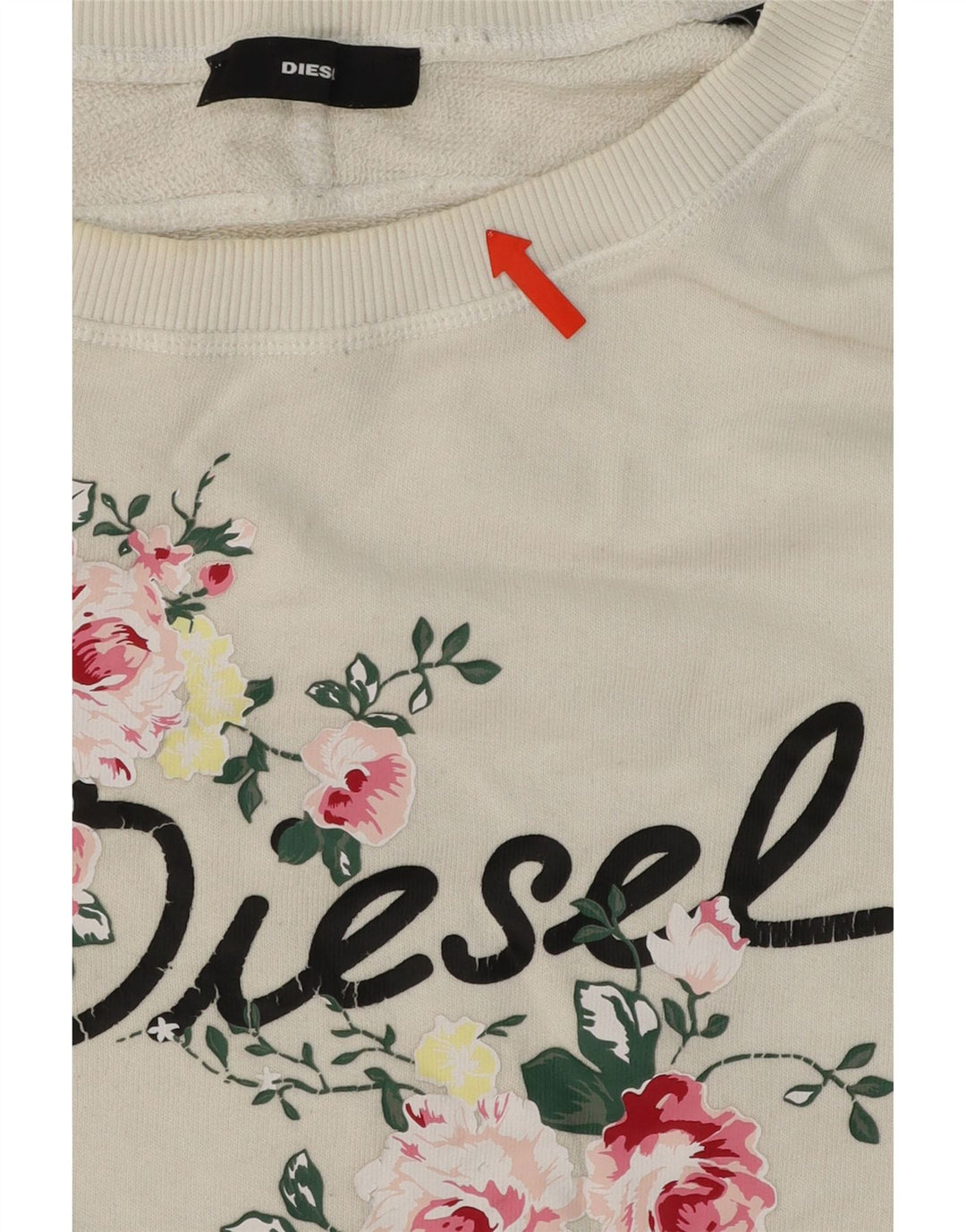DIESEL Womens Graphic Sweatshirt Jumper UK 14 Medium White Floral Vintage Diesel and Second-Hand Diesel from Messina Hembry 