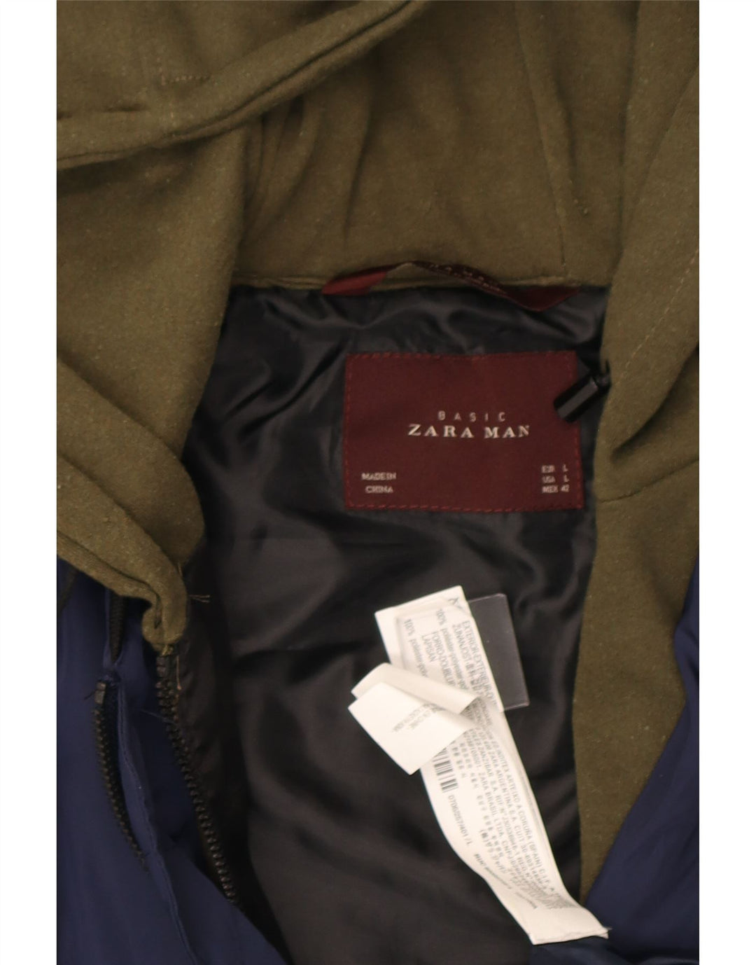 Zara Herren-Bomberjacke mit Kapuze, UK 40, groß, marineblau, Farbblock-Polyester