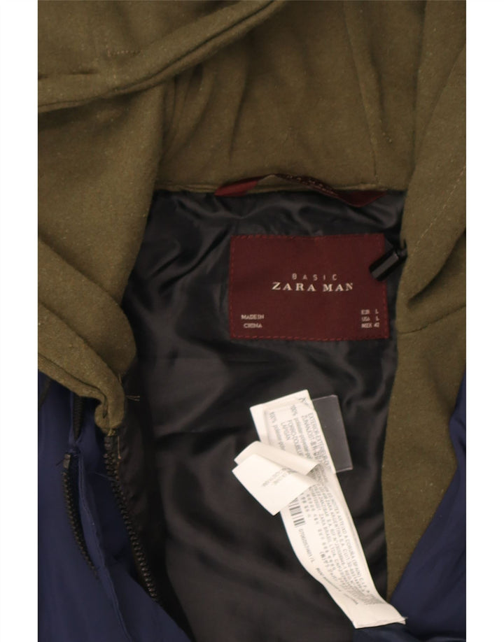 Zara Herren-Bomberjacke mit Kapuze, UK 40, groß, marineblau, Farbblock-Polyester