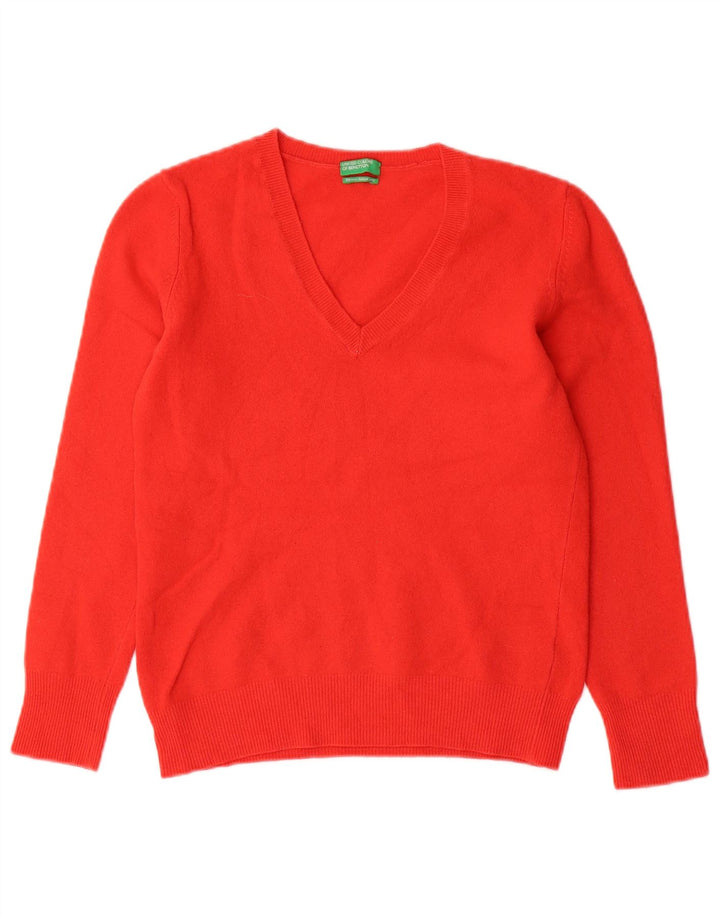 Benetton Damen-Pullover mit V-Ausschnitt, UK 12, mittelrote Wolle