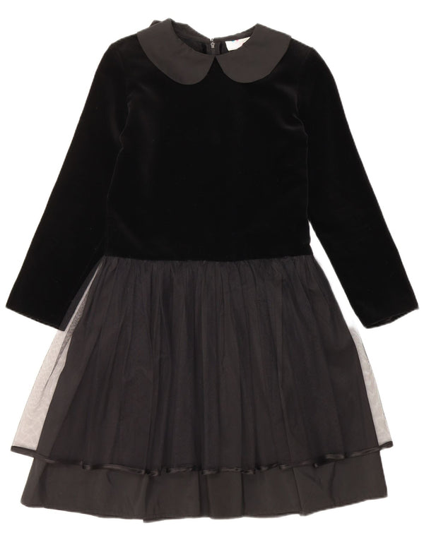 Vintage-Mädchen-Langarmkleid aus Samt in A-Linie, 9–10 Jahre, Schwarz, Farbblock