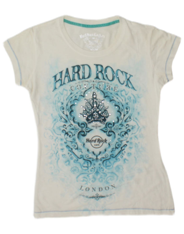 Hard Rock Cafe Damen London Graphic T-Shirt Top UK 6 XS Weiße Baumwolle