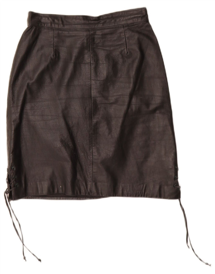 VINTAGE Damen Lederrock EU 34 XS W24 Schwarzes Leder