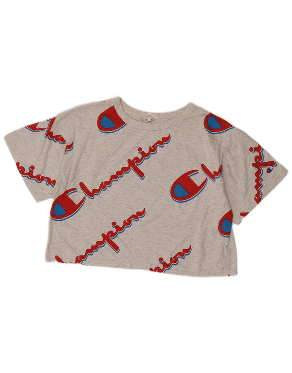 CHAMPION Damen Reverse Weave Crop Graphic T-Shirt Top UK 16 Large Grau