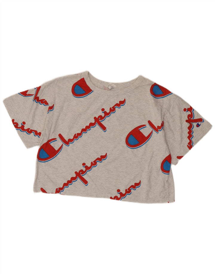 CHAMPION Damen Reverse Weave Crop Graphic T-Shirt Top UK 16 Large Grau