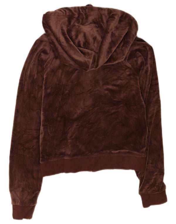 Juicy Couture Damen Crop Graphic Velour Zip Hoodie Pullover UK 6 XS Braun