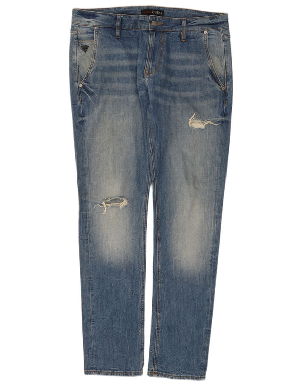 Guess Mens Distressed Slim Jeans W33 L32 Blue Cotton