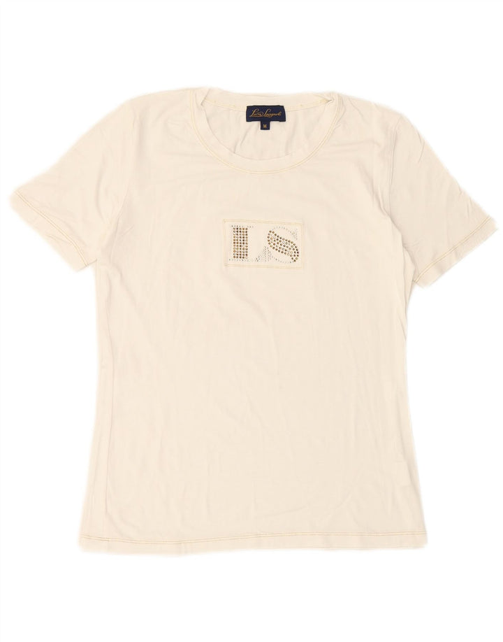 LUISA SPAGNOLI Damen Grafik-T-Shirt Top UK 14 Mittelweiße Viskose