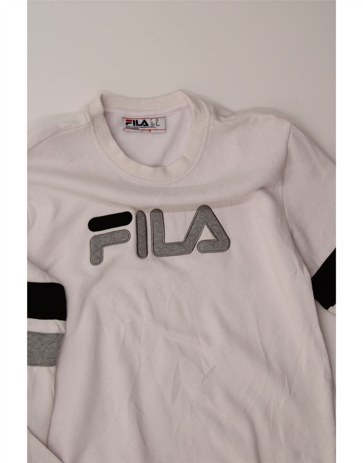FILA Womens Graphic Sweatshirt Jumper UK 14 Medium White Colourblock Vintage Fila and Second-Hand Fila from Messina Hembry 