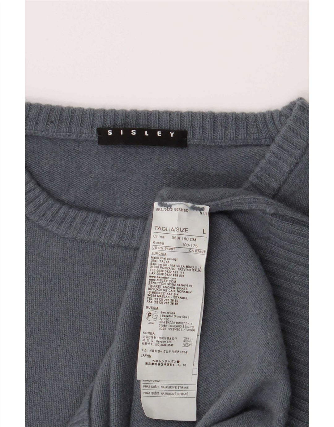 Sisley Damen-Pullover mit Rundhalsausschnitt, UK 16, Größe L, graue Wolle
