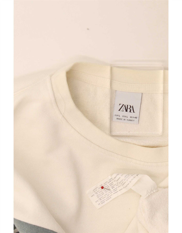 Zara Herren-Sweatshirt-Pullover, groß, cremefarbene Colourblock-Baumwolle