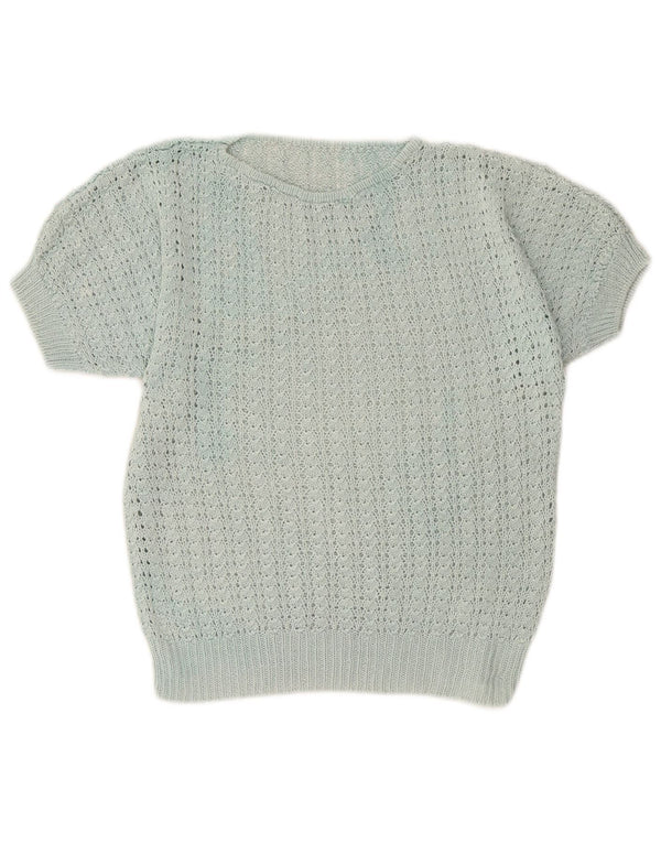 Vintage Damen Kurzärmeliger Pullover mit U-Boot-Ausschnitt UK 12 Medium Türkis