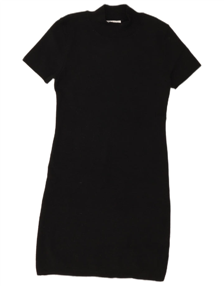 Zara Damen T-Shirt-Kleid UK 14 Large Schwarz Polyester