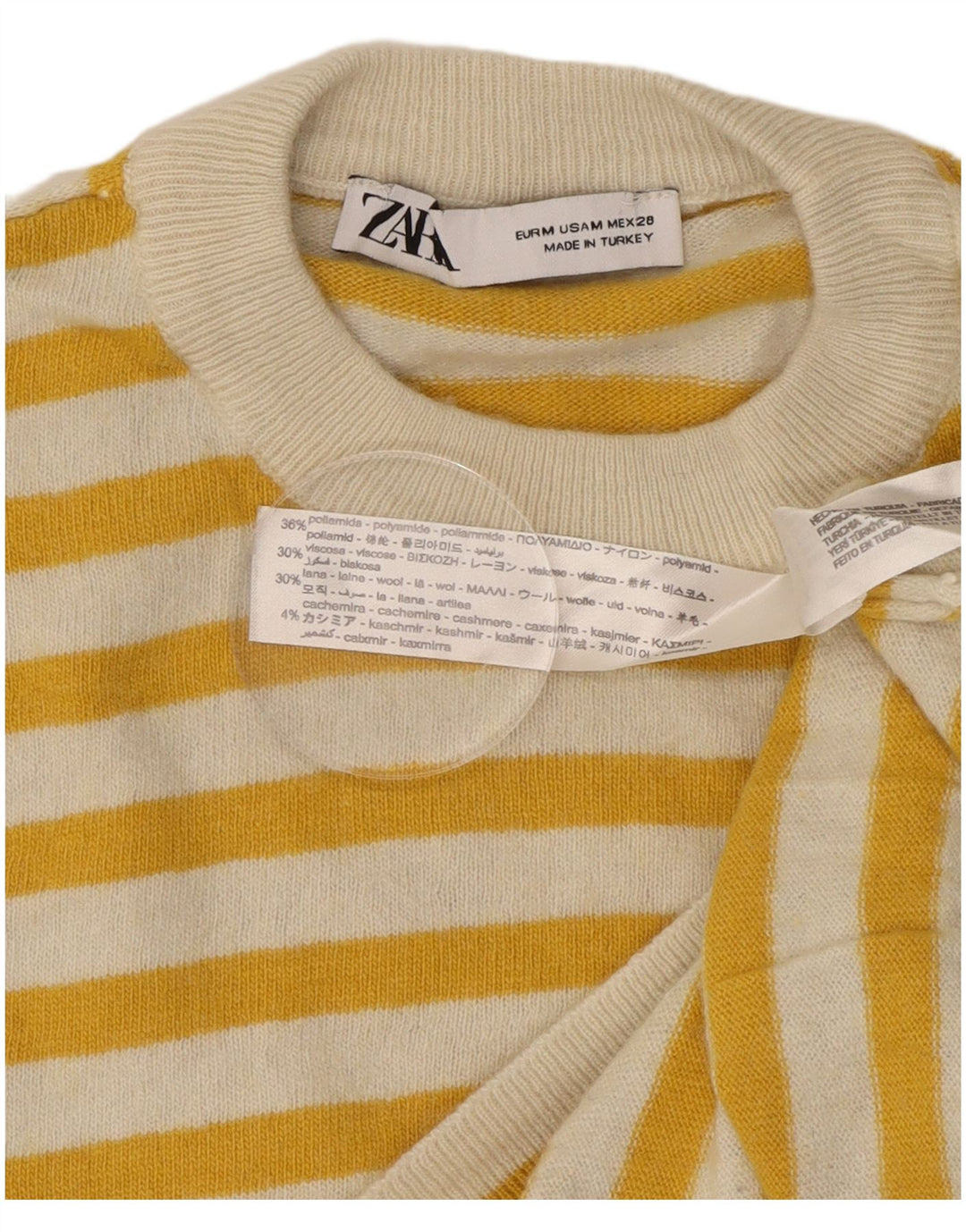 Zara Damen-Pullover mit Rundhalsausschnitt, UK 14, mittelgelb gestreift, Polyamid