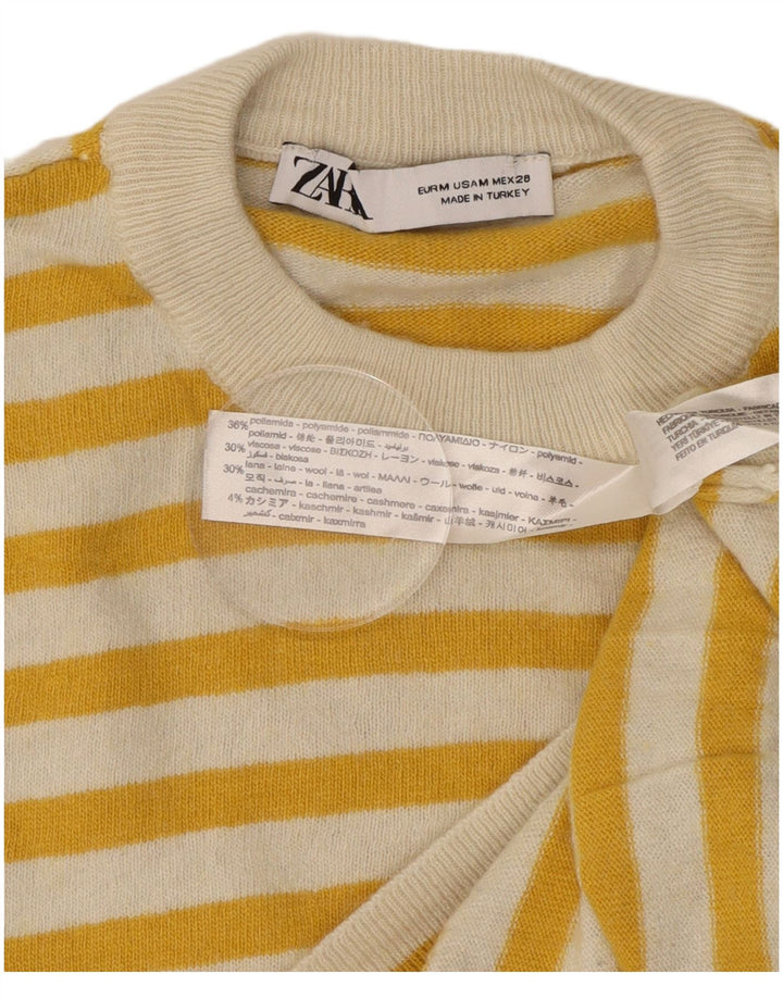 Zara Damen-Pullover mit Rundhalsausschnitt, UK 14, mittelgelb gestreift, Polyamid