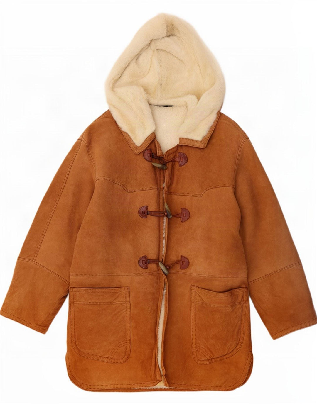 Vintage Damen Duffle Shearling Mantel mit Kapuze IT 44 Mittelbraun