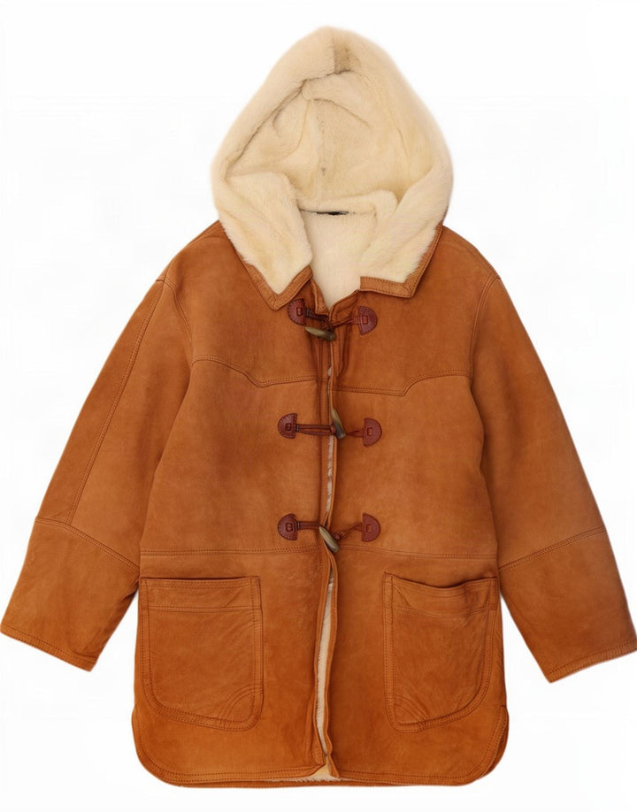 Vintage Damen Duffle Shearling Mantel mit Kapuze IT 44 Mittelbraun