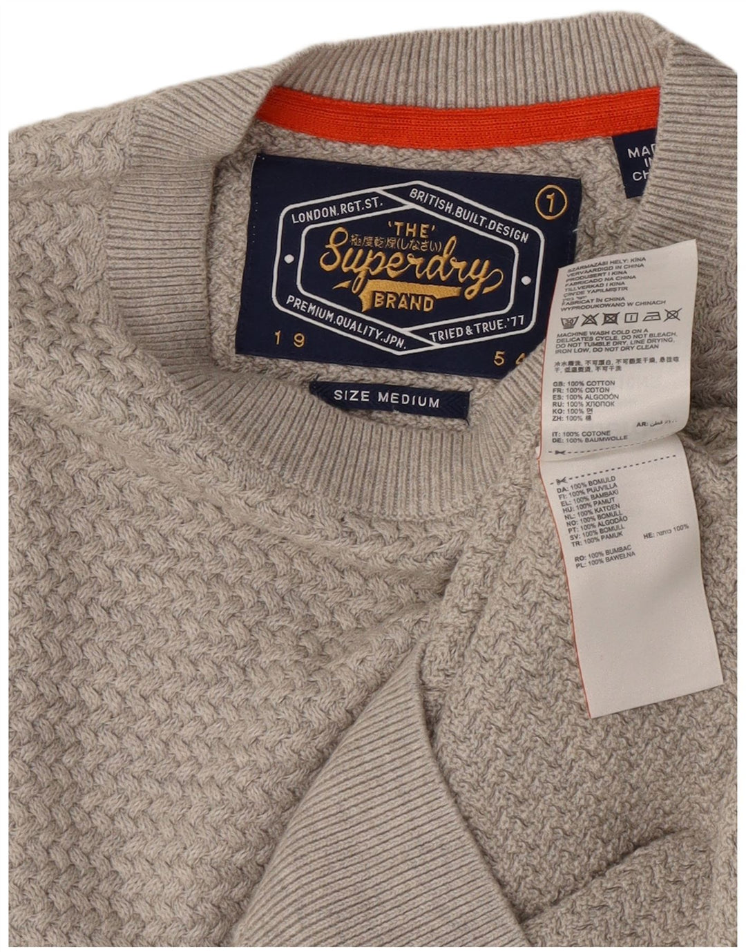 Superdry Herren-Pullover mit Rundhalsausschnitt aus mittelgrauer Baumwolle