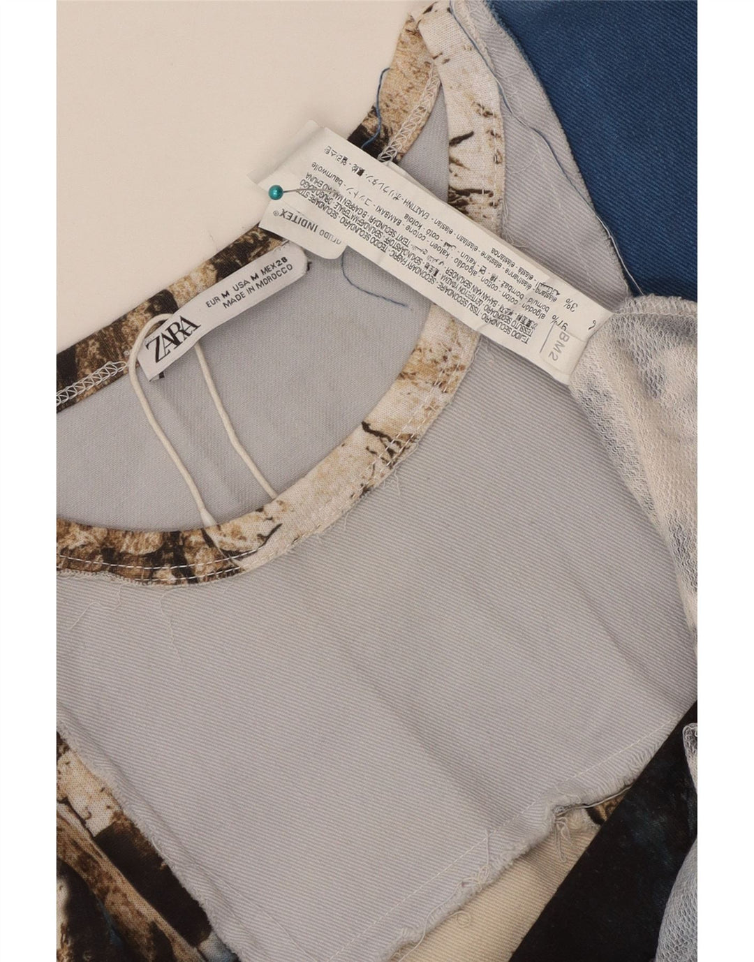 Zara Damen Crop Graphic Top Langarm UK 14 Medium Mehrfarbig