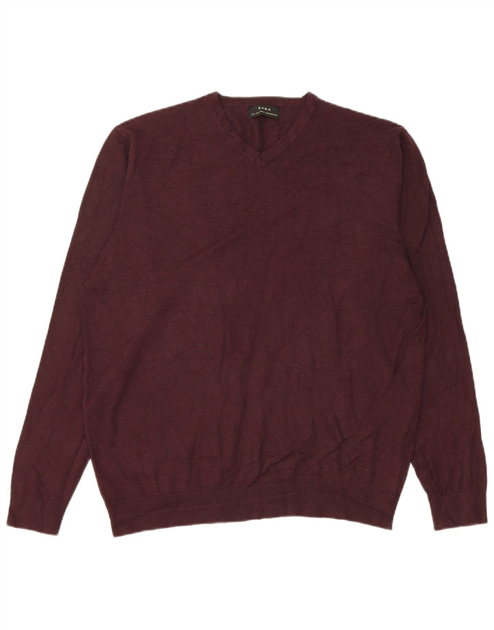 Zara Herren-Pullover mit V-Ausschnitt, groß, bordeauxrote Viskose