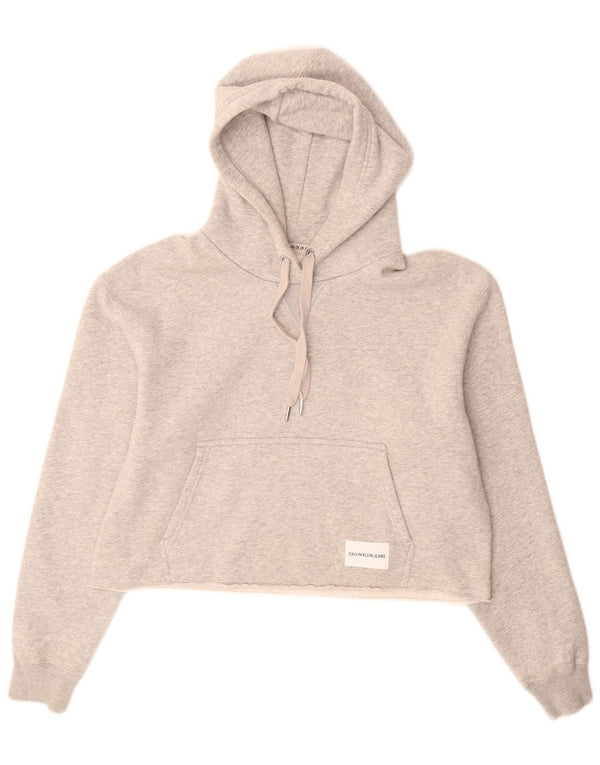 Calvin Klein Jeans Damen Crop Hoodie Pullover UK 14 Mittelgraue Baumwolle