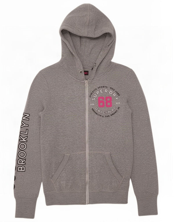 Superdry Damen Brooklyn Graphic Zip Hoodie Pullover UK 6 XS Grau Baumwolle