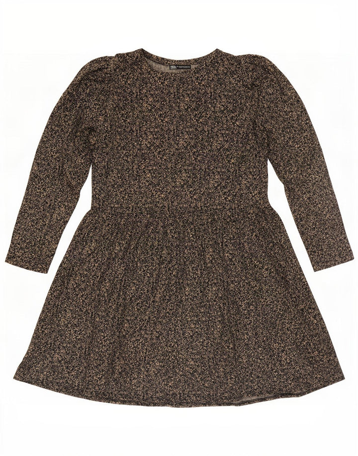 Zara Damen Langarm-Basic-Kleid UK 14 Mittelbraunes, geblümtes Polyester