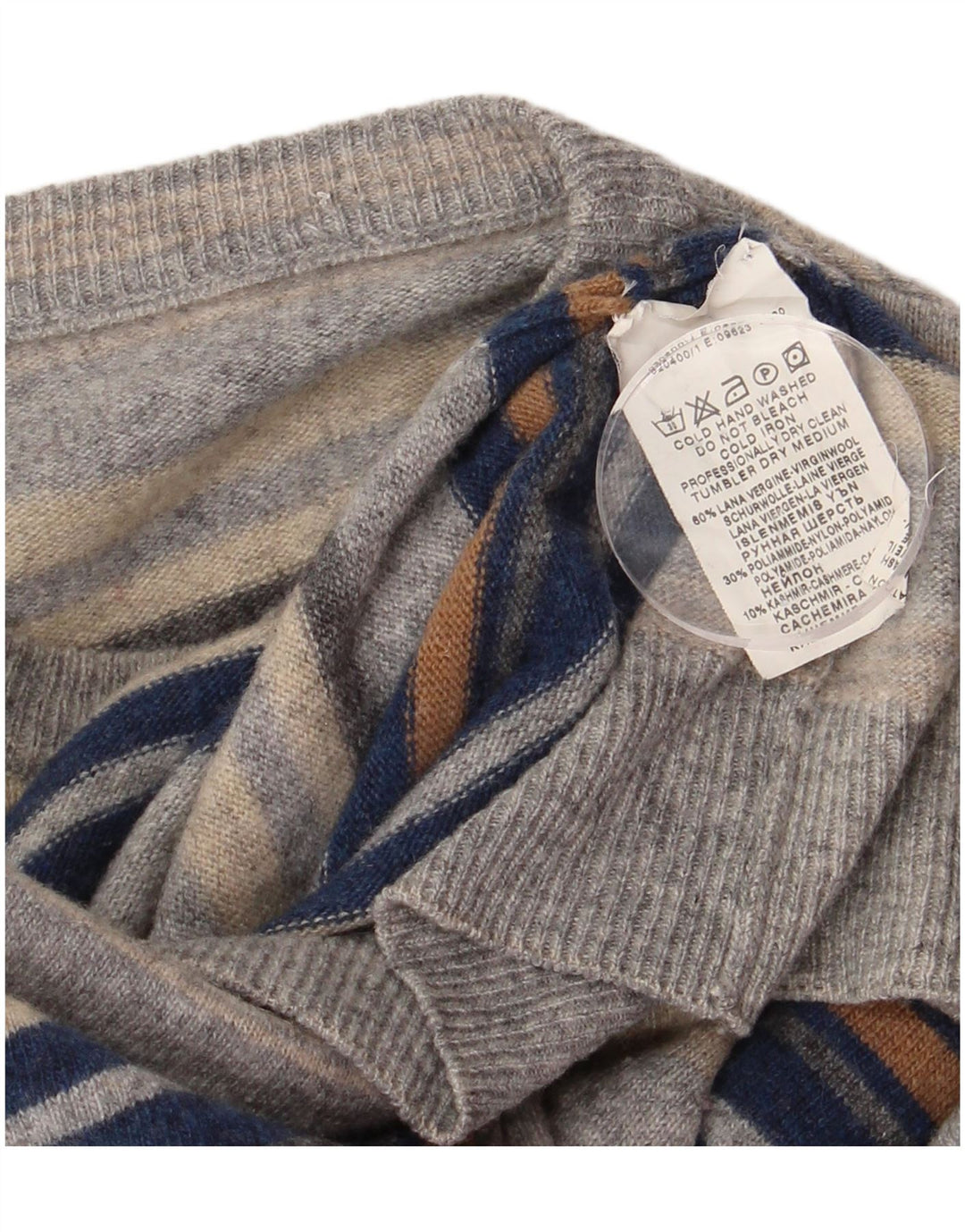 Vintage Herren-Pullover mit Rundhalsausschnitt, klein, grau gestreift, Schurwolle