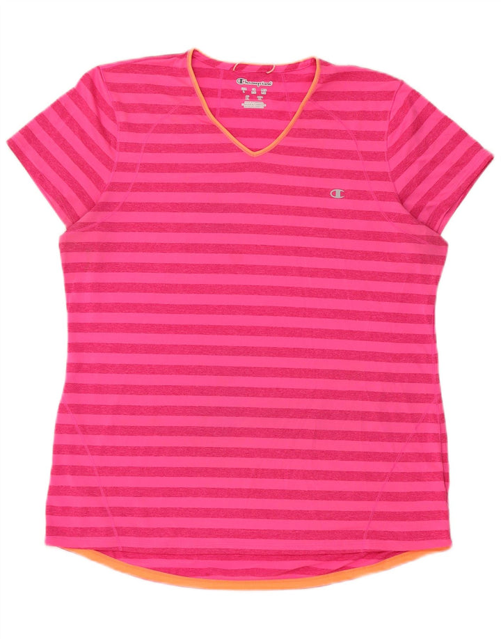 Champion Damen T-Shirt Top UK 16 Large Rosa gestreift Polyester