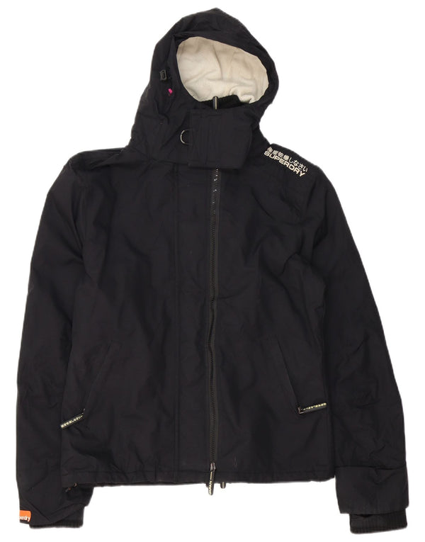 Superdry Damen-Windbreakerjacke mit grafischer Kapuze, UK 16, Größe L, schwarzes Nylon