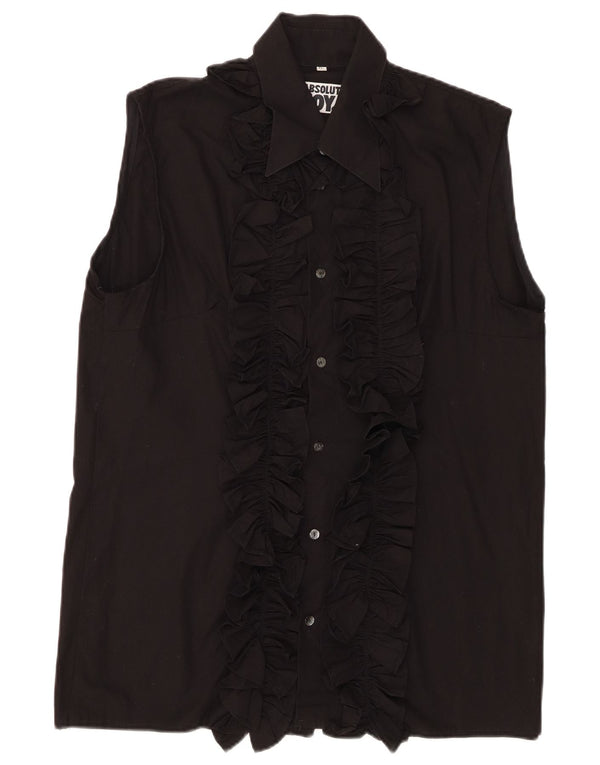 Vintage Damen Ärmelloses Rüschenhemd vorne UK 18 XL Schwarz