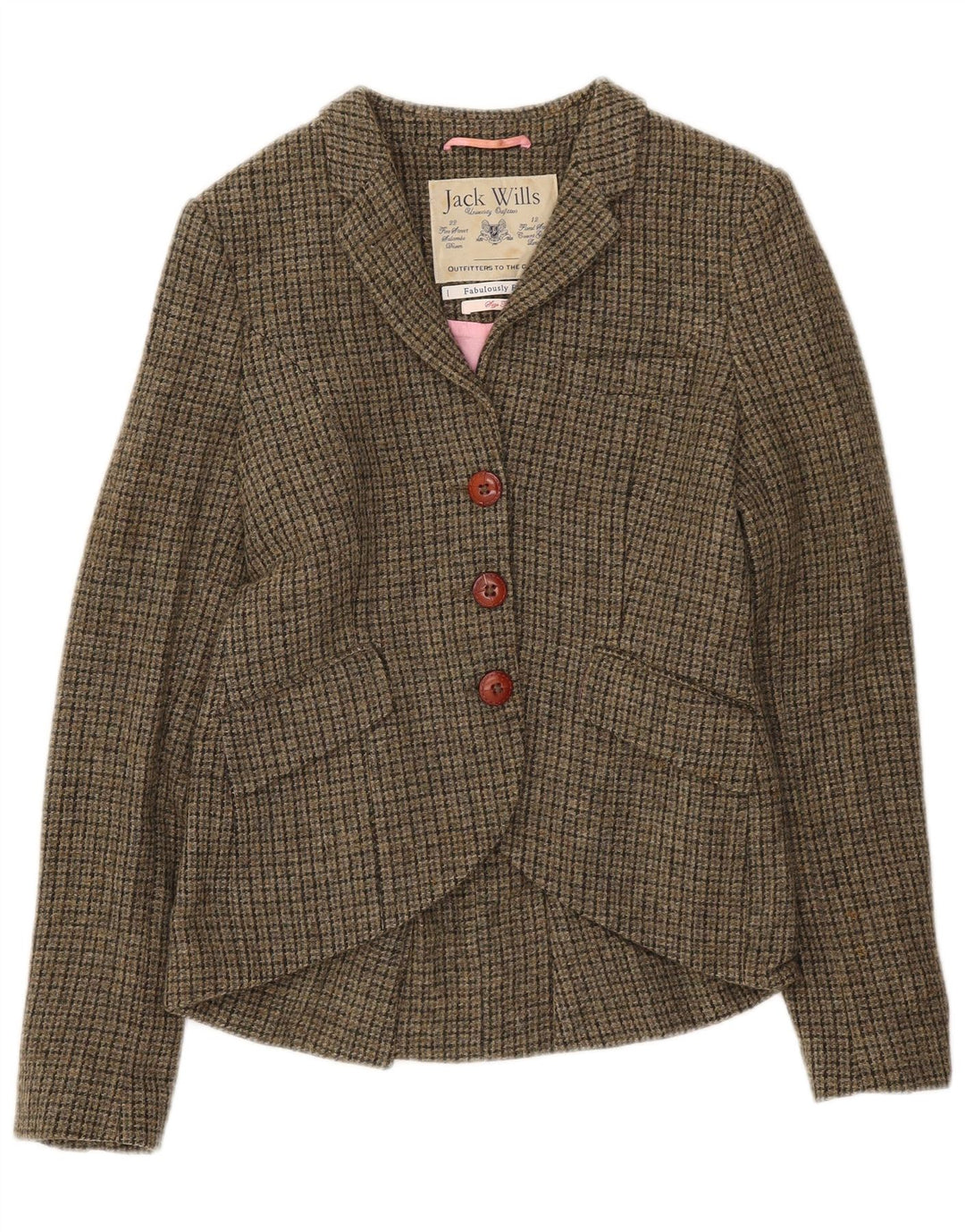 Jack Wills Damen-Blazer mit 3 Knöpfen, UK 10, Größe S, Khaki, Hahnentrittmuster, Wolle