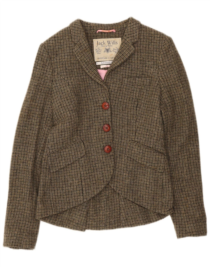 Jack Wills Damen-Blazer mit 3 Knöpfen, UK 10, Größe S, Khaki, Hahnentrittmuster, Wolle