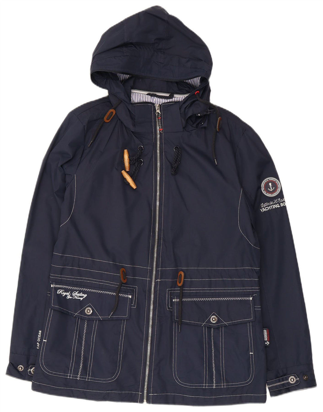 Vintage Damen Regenjacke mit grafischer Kapuze, UK 12, mittelmarineblau, Polyester