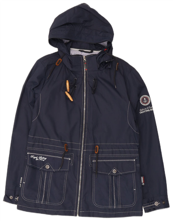 Vintage Damen Regenjacke mit grafischer Kapuze, UK 12, mittelmarineblau, Polyester
