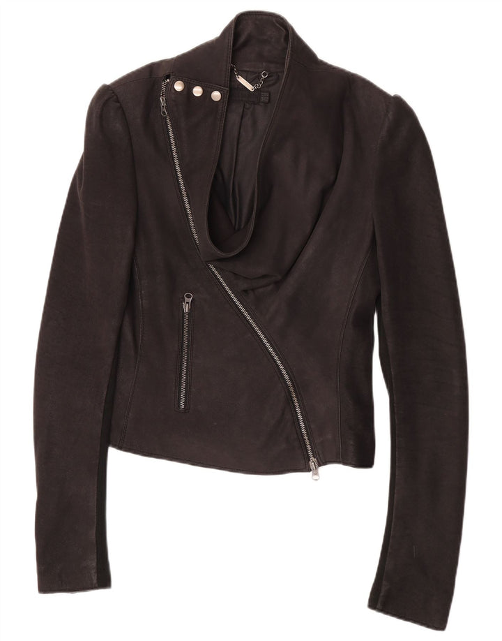 All Saints Damen Leder-Racer-Jacke UK 12 Mittelschwarzes Leder