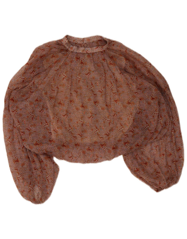 Zara Damen Crop Long Sleeve Crop Bluse Top UK 10 Small Brown Paisley