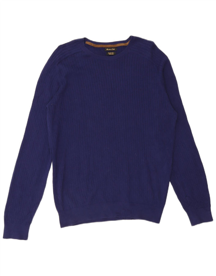 Massimo Dutti Herren-Pullover mit Rundhalsausschnitt, groß, aus blauer Baumwolle