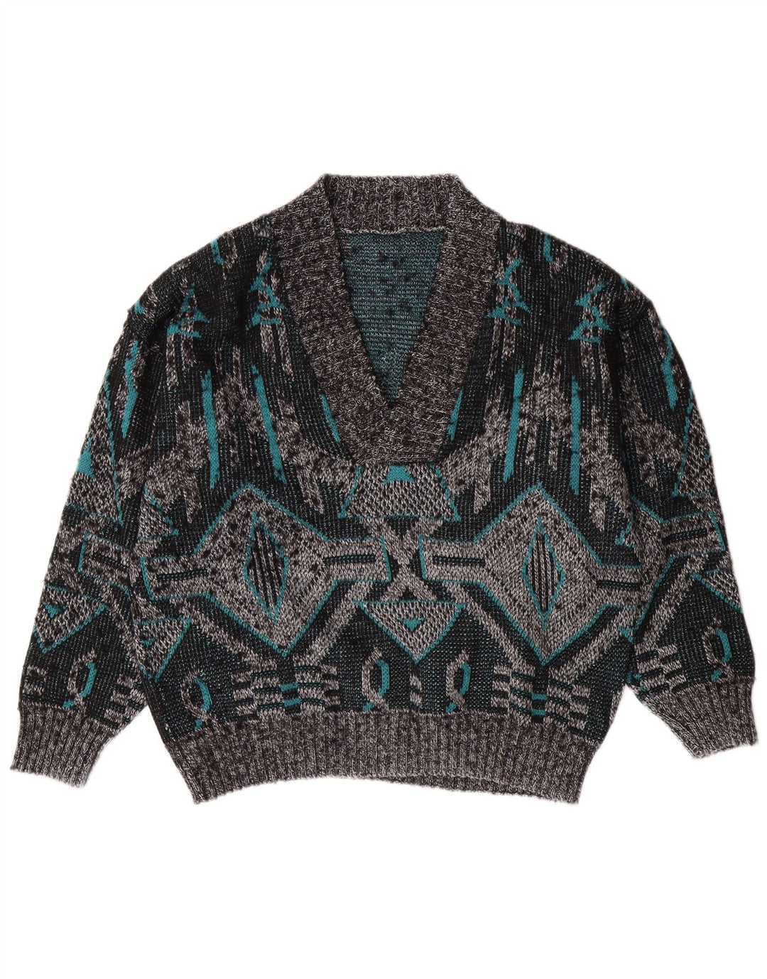 VINTAGE Herren-Pullover mit V-Ausschnitt, groß, grau, geometrisch