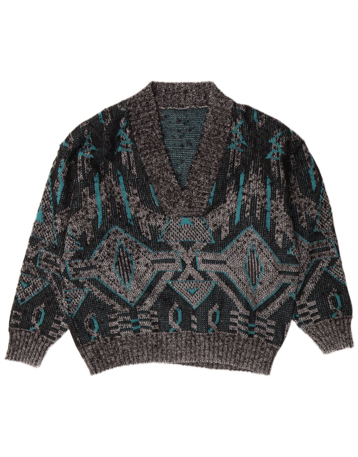 VINTAGE Herren-Pullover mit V-Ausschnitt, groß, grau, geometrisch