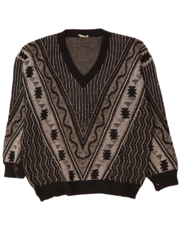 Vintage Herren Pullover mit V-Ausschnitt, groß, grau, geometrisch