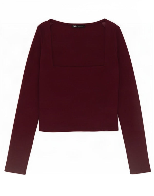 Zara Damen Crop Top Langarm UK 12 Medium Lila Baumwolle