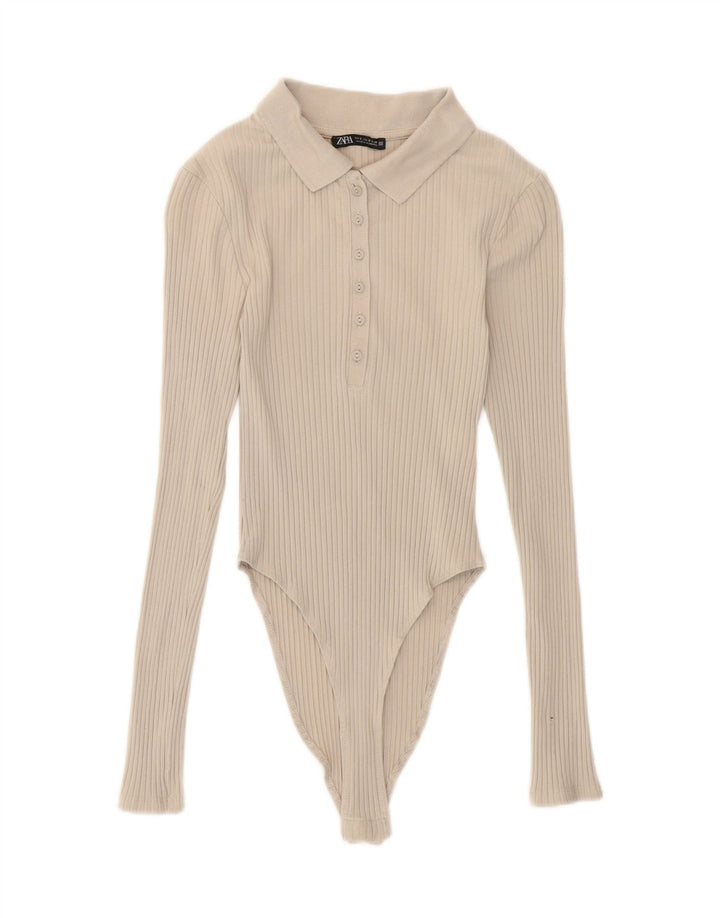 Langärmliger Damen-Body von Zara, Größe S, Beige, Baumwolle