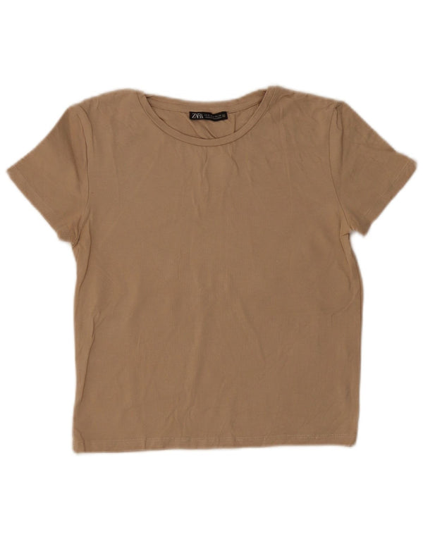 Zara Damen Crop T-Shirt Top UK 8 Small Beige Baumwolle