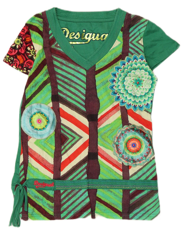 Desigual Womens Graphic T-Shirt Top UK 10 Small Grüne geometrische Baumwolle
