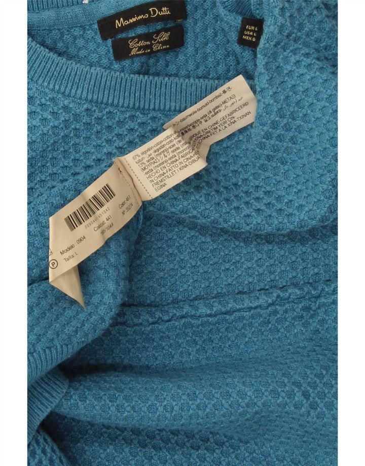 MASSIMO DUTTI Herren-Pullover mit Rundhalsausschnitt, groß, blaue Baumwolle