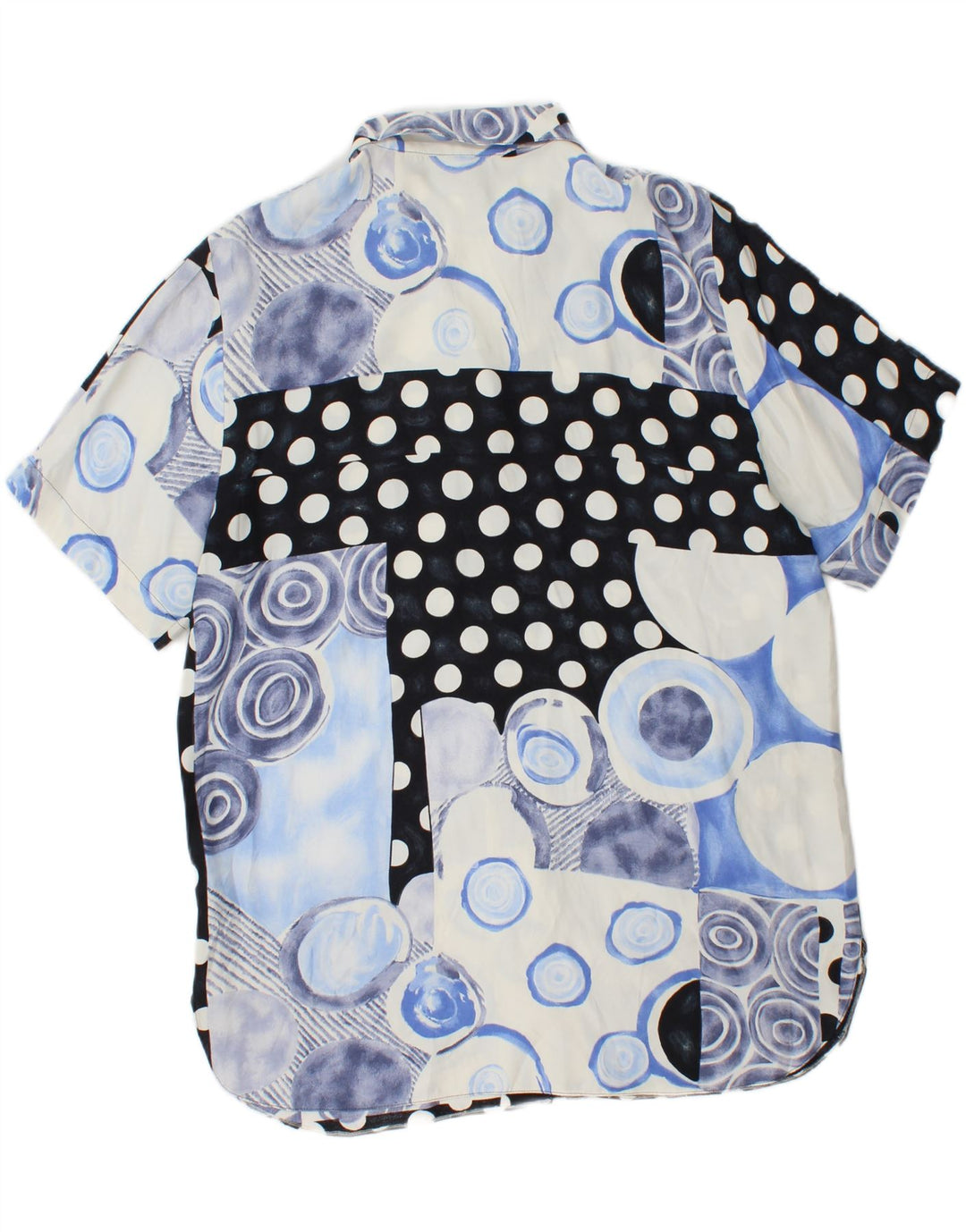 Vintage Damen Kurzarm-Hemdbluse UK 14 Große blaue Patchwork-Viskose