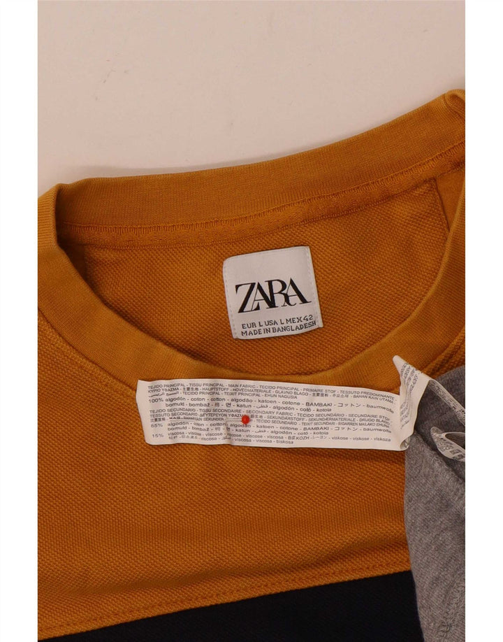 Zara Herren-Sweatshirt-Pullover, groß, gelbe Colourblock-Baumwolle