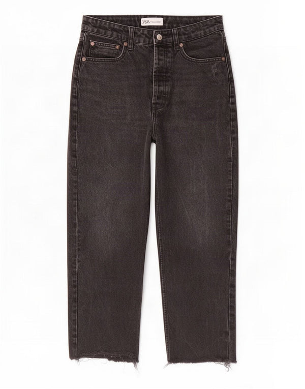 Zara Damen Crop High Waist Tapered Jeans EU 36 XS W26 L24 Schwarz